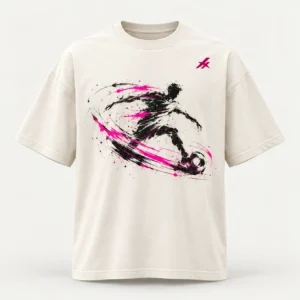 Remera clara con ilustración de fútbol en negro y magenta e isotipo PIMPARI Sport, Drop 01