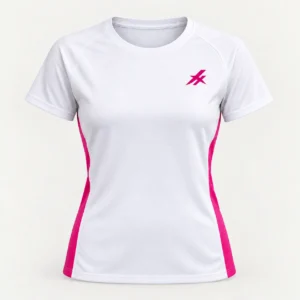 Remera blanca de pádel Match Mujer con detalles laterales e isotipo magenta de PIMPARI Sport