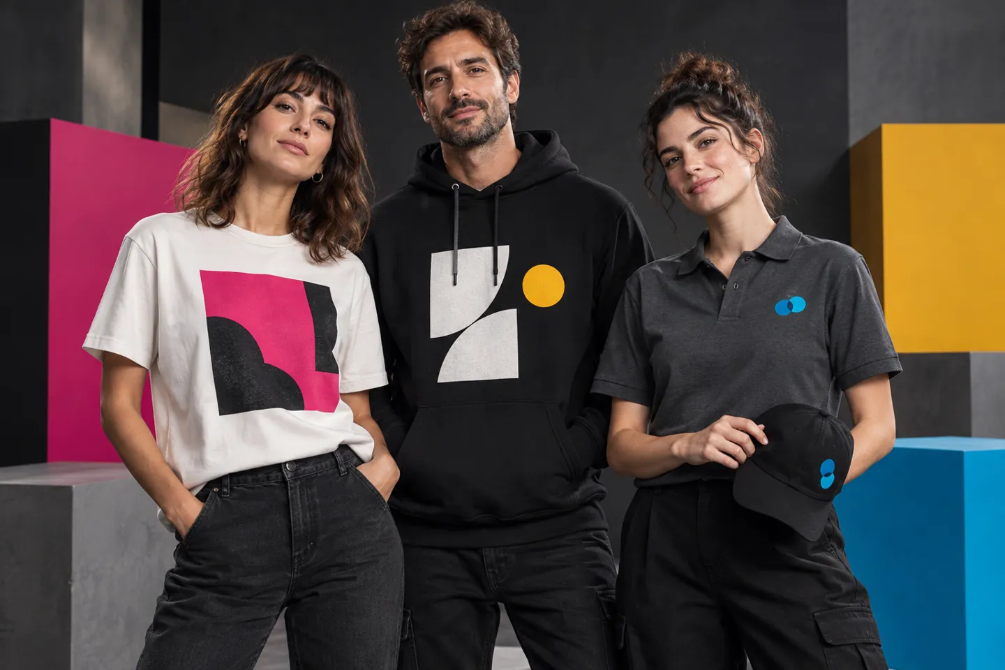Ejemplo de remera, buzo y chomba personalizados PIMPARI en tres integrantes de un equipo