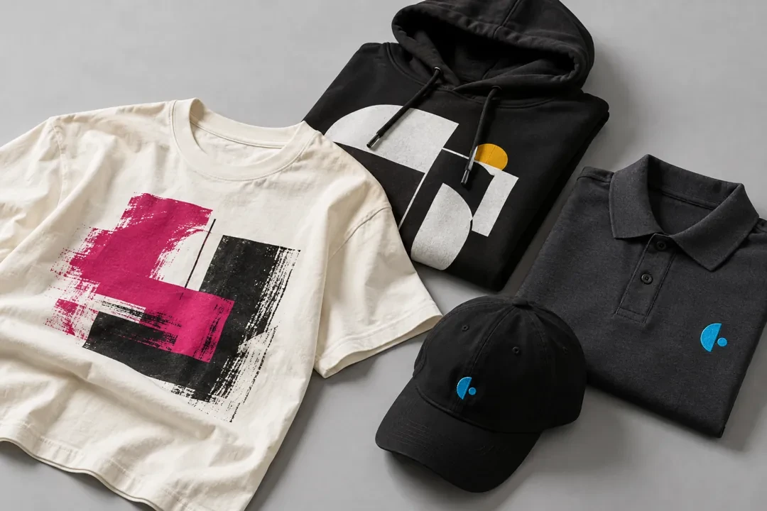 Remera estampada, buzo, chomba y gorra con ejemplos de personalización PIMPARI