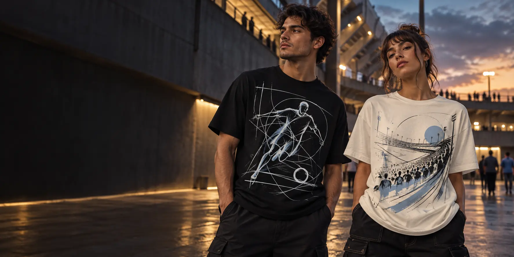 Dos modelos con remeras ilustradas de fútbol de la colección PIMPARI Sport